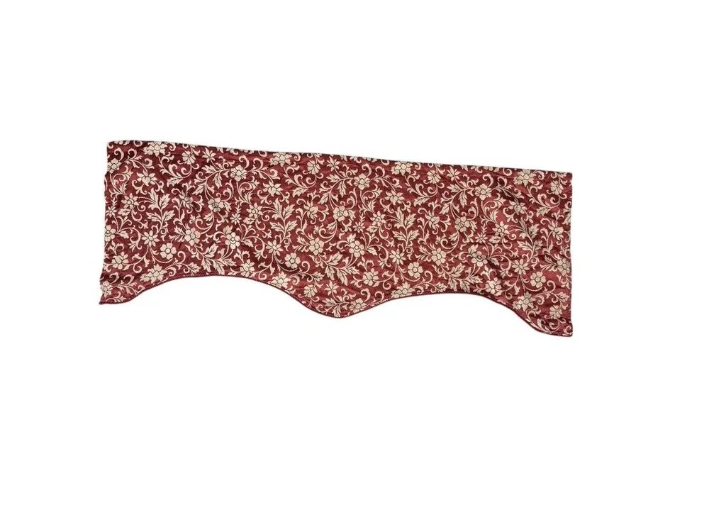 Set of 3 Velvet Jacquard Valances Short Curtains Red Beige Scalloped Floral